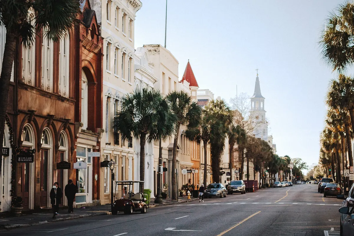 A palm-lined street in downtown Charleston with church steeples ahead