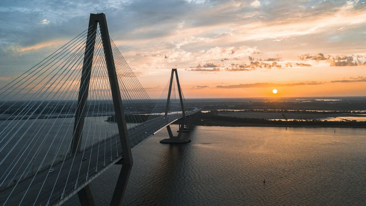 The Ravenel Bridge over the Cooper River at sunset, seen from Mount Pleasant